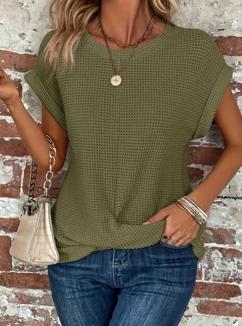 Women's Waffle-Knit Twisted-Hem Cap-Sleeve Sweater Top - Green