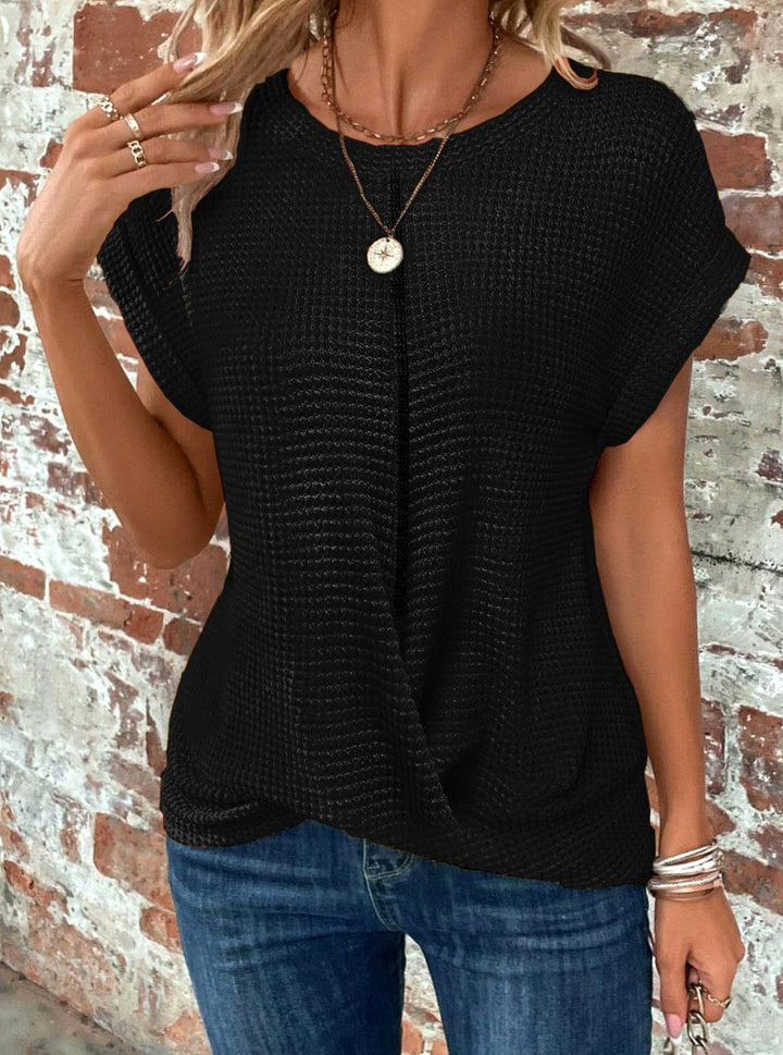 Women's Waffle-Knit Twisted-Hem Cap-Sleeve Sweater Top - Black