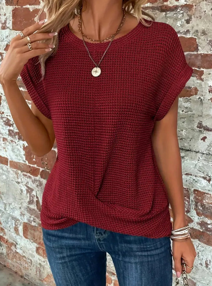 Women's Waffle-Knit Twisted-Hem Cap-Sleeve Sweater Top - Red