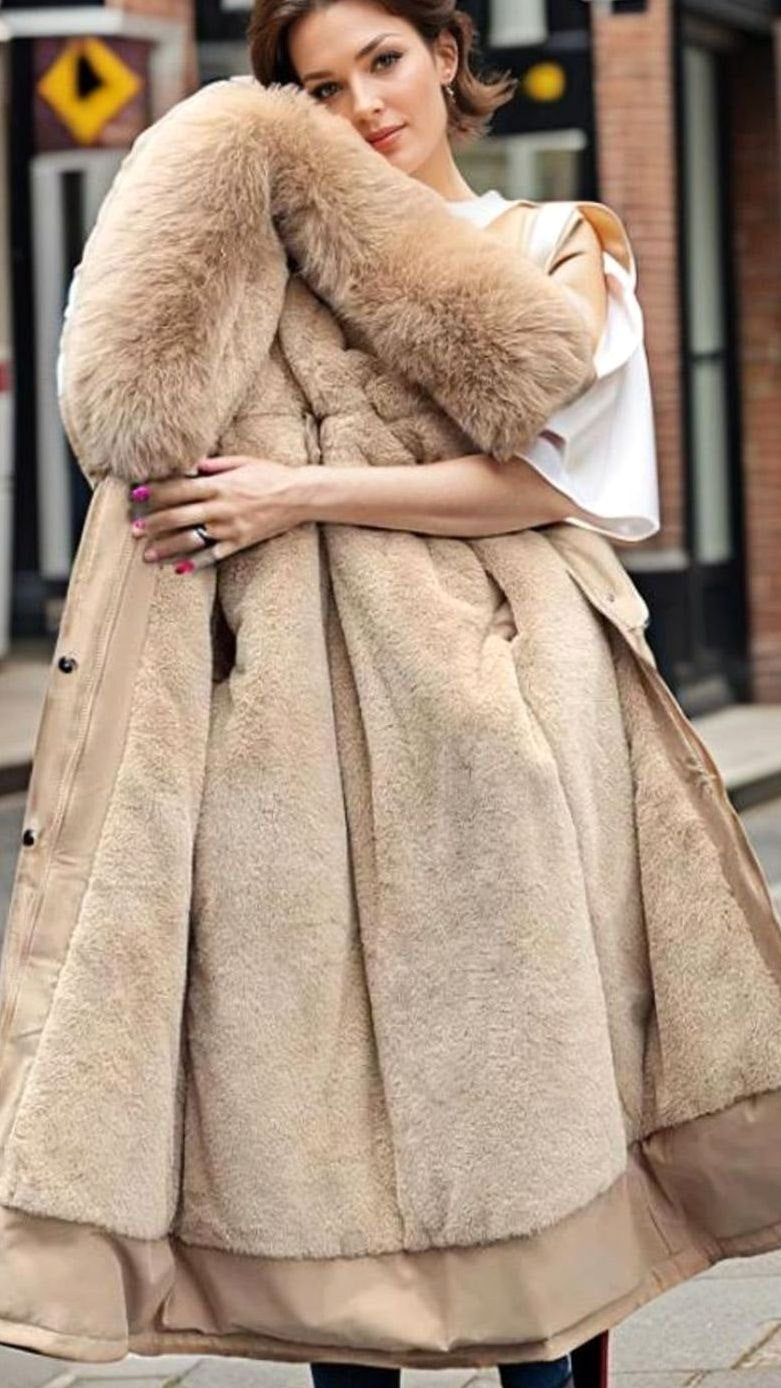 Women's Waterproof Insulated Winter Parka Faux-Fur Hood Coat - Beige