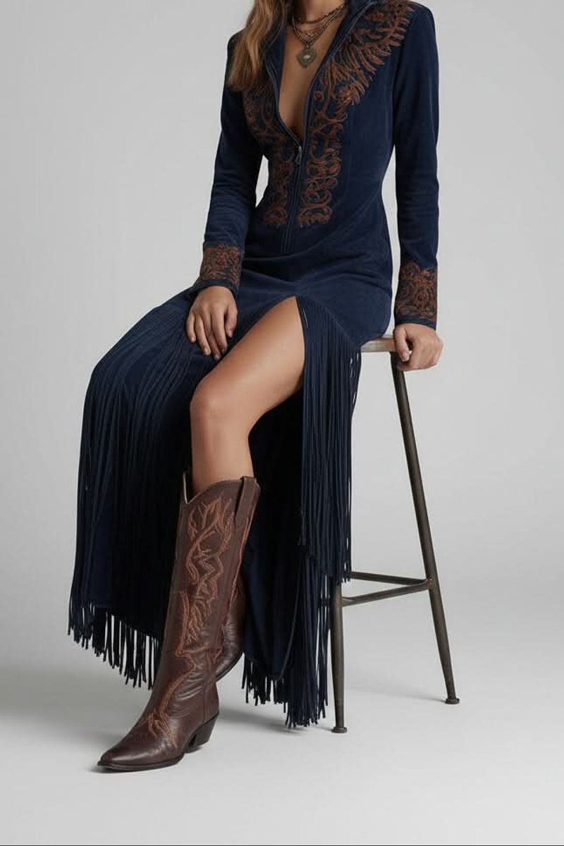 Women's Western Embroidered Fringe Long Sleeve Evening Gown Maxi Dress