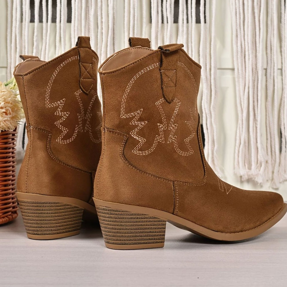 Women's Wide-Calf Embroidered Slip-On Western Cowboy Booties
