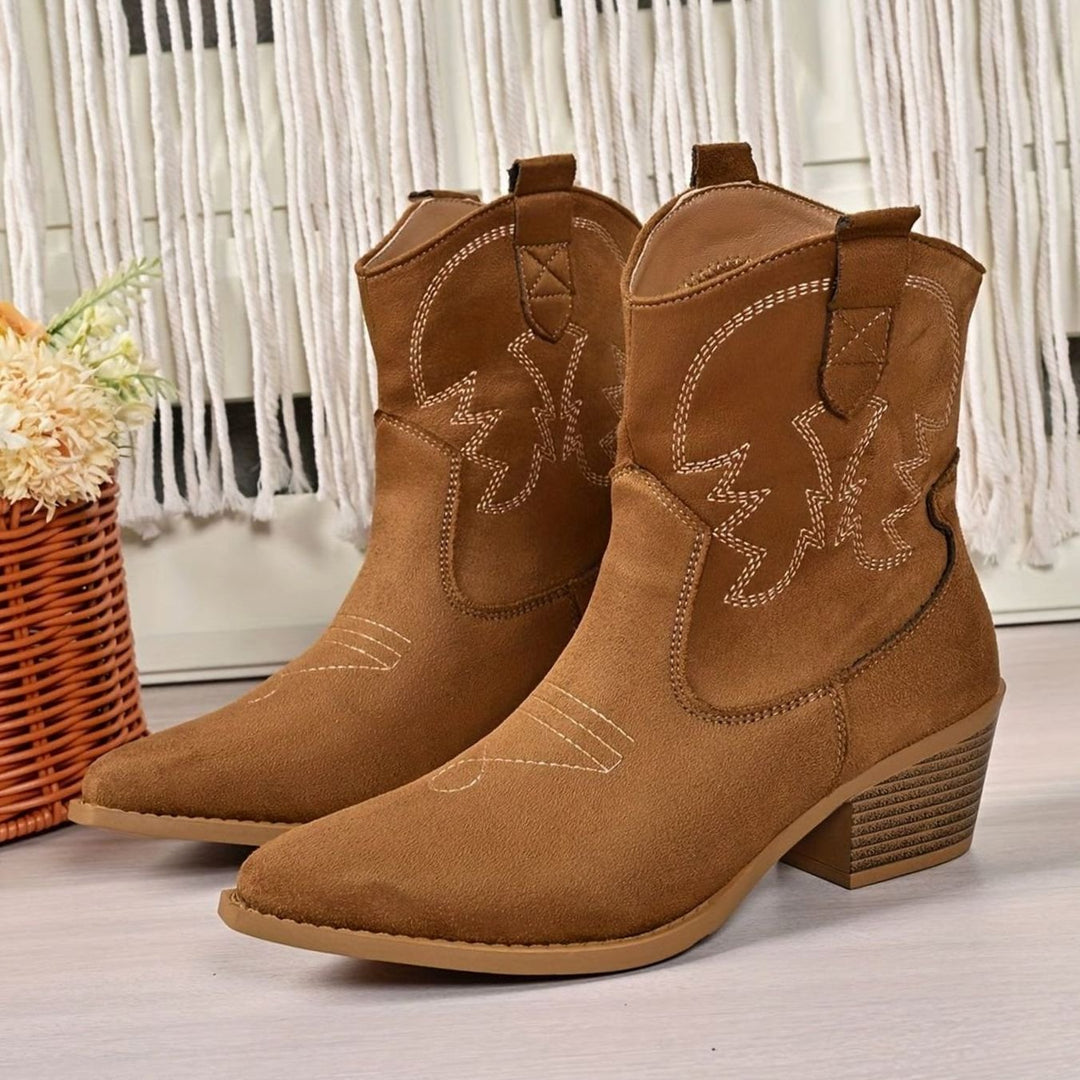 Women's Wide-Calf Embroidered Slip-On Western Cowboy Booties - Light Brown
