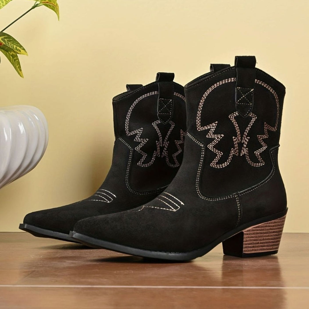Women's Wide-Calf Embroidered Slip-On Western Cowboy Booties - Black