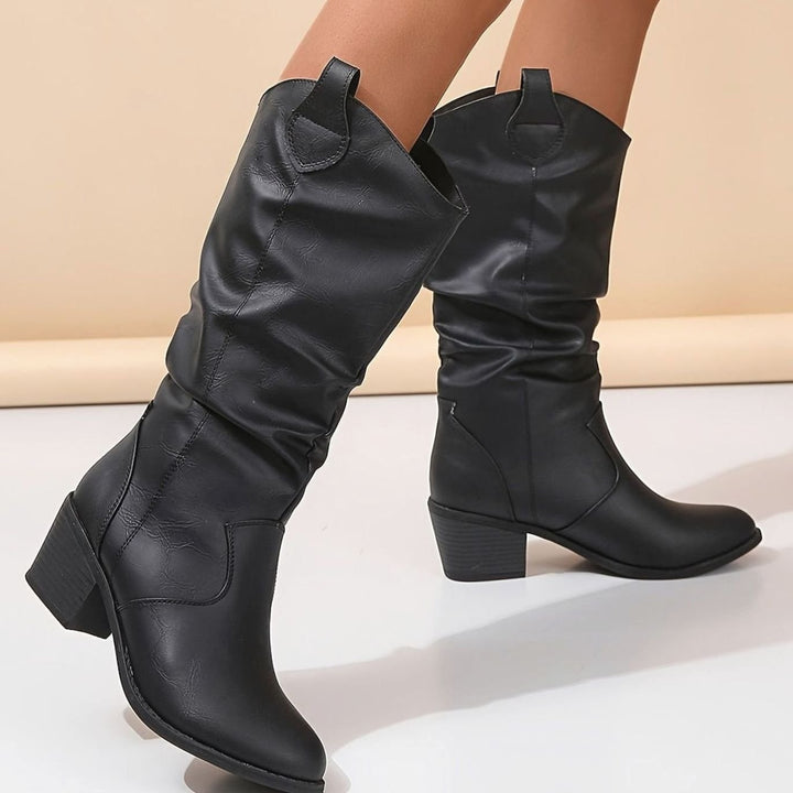 Women's Wide-Calf Flat-Heel Pull-On Western Knee-High Boots - Black