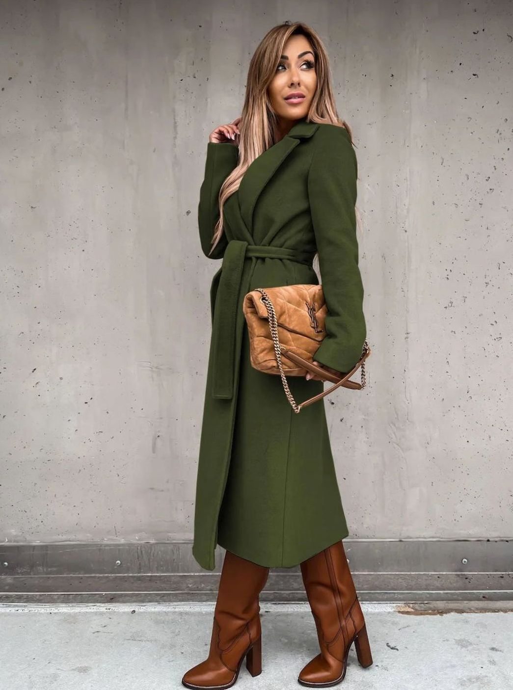 Women's Winter Coat Long Belted Wool Blend Wrap Shawl Collar - Olive Green