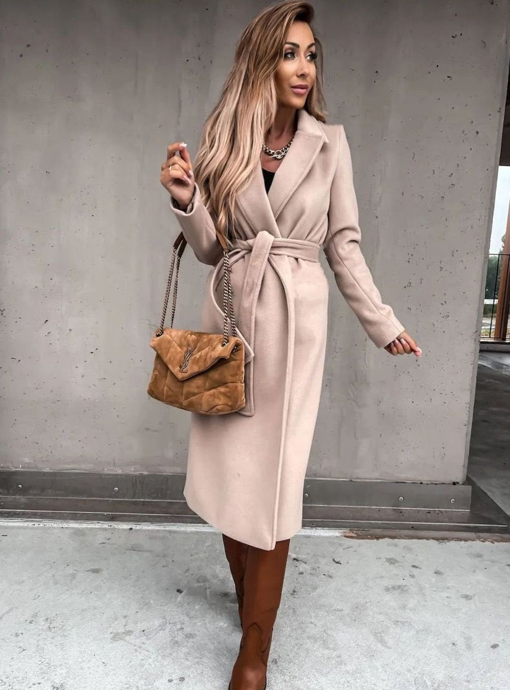 Women's Winter Coat Long Belted Wool Blend Wrap Shawl Collar - Beige