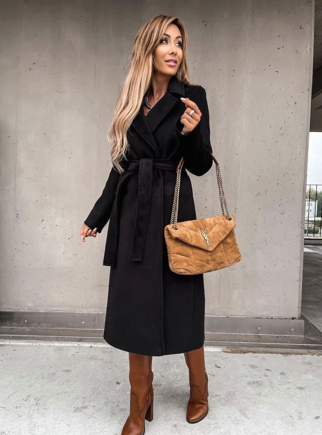 Women's Winter Coat Long Belted Wool Blend Wrap Shawl Collar - Black