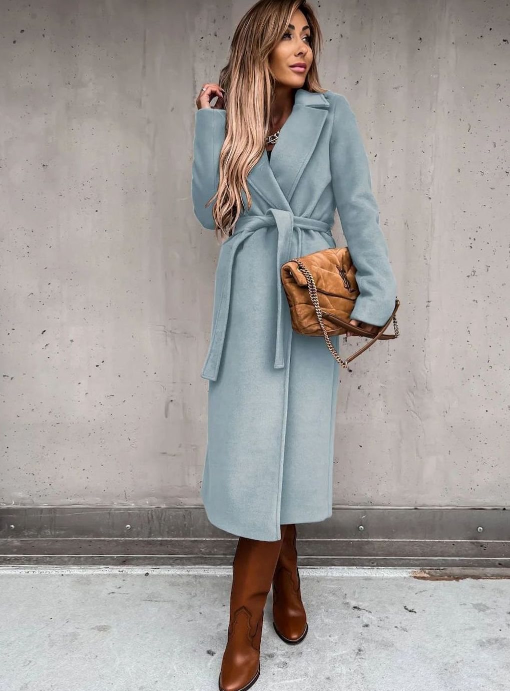 Women's Winter Coat Long Belted Wool Blend Wrap Shawl Collar - Blue