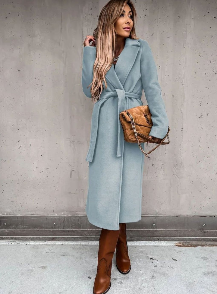 Women's Winter Coat Long Belted Wool Blend Wrap Shawl Collar - Blue