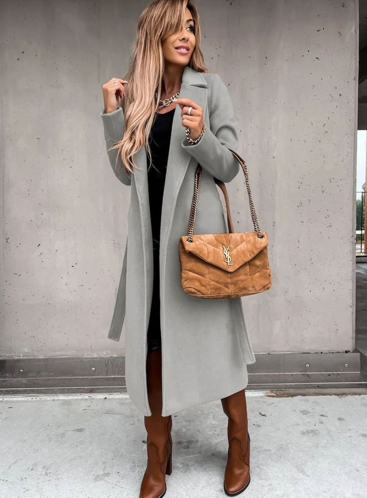Women's Winter Coat Long Belted Wool Blend Wrap Shawl Collar - Grey