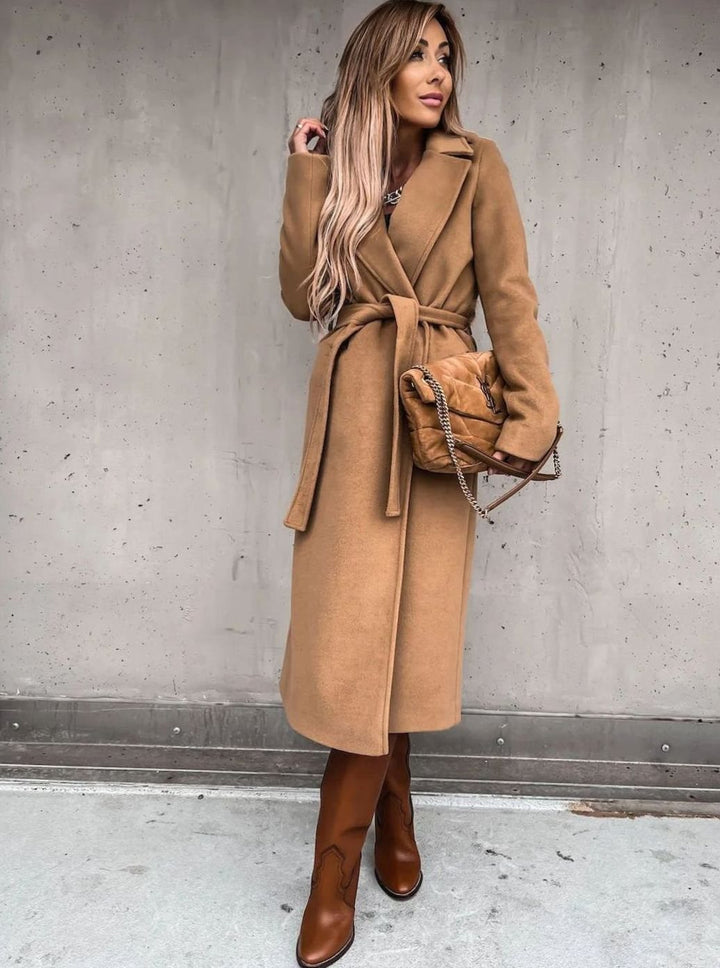 Women's Winter Coat Long Belted Wool Blend Wrap Shawl Collar - Khaki