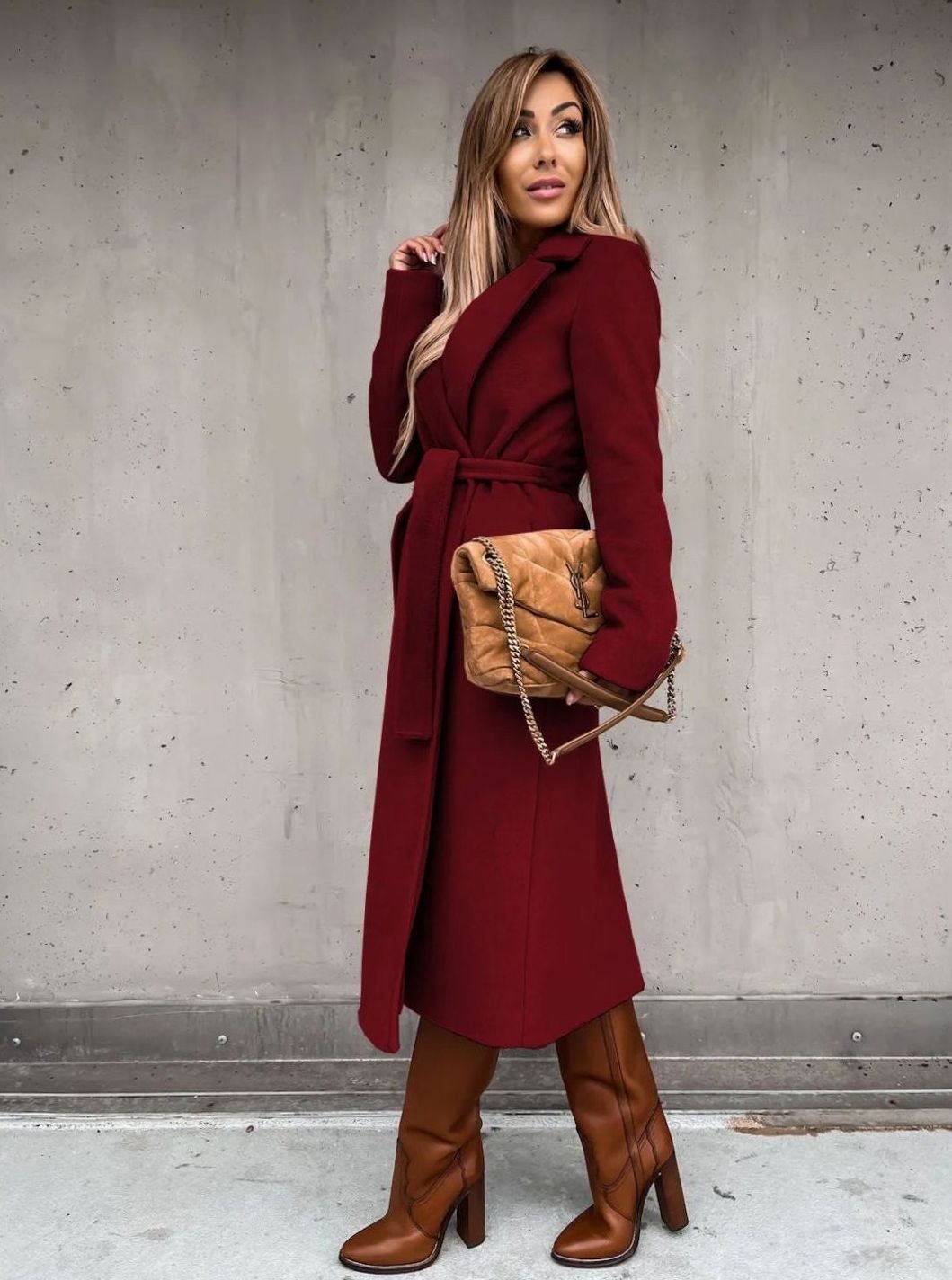 Women's Winter Coat Long Belted Wool Blend Wrap Shawl Collar - Red