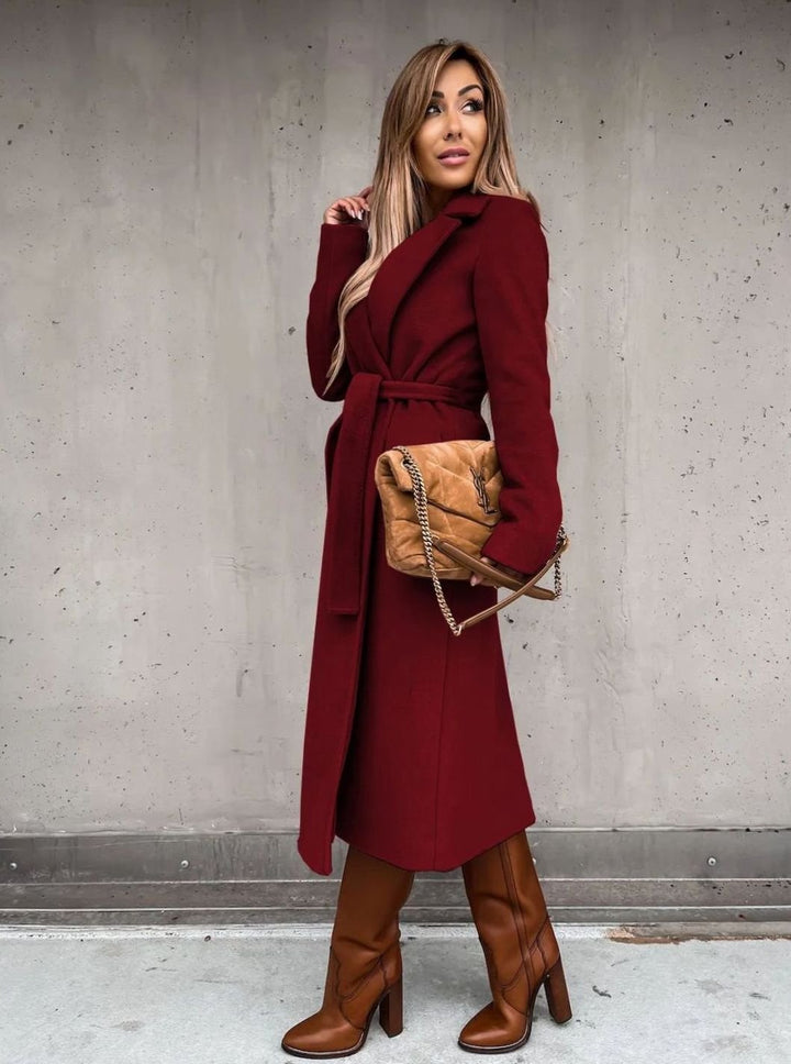 Women's Winter Coat Long Belted Wool Blend Wrap Shawl Collar - Red