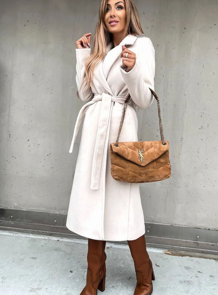 Women's Winter Coat Long Belted Wool Blend Wrap Shawl Collar - White