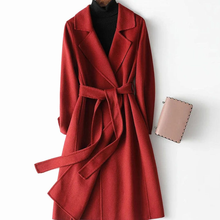 Women's Wool Belted Wrap Coat A-Line Long Winter Coat - Burgundy