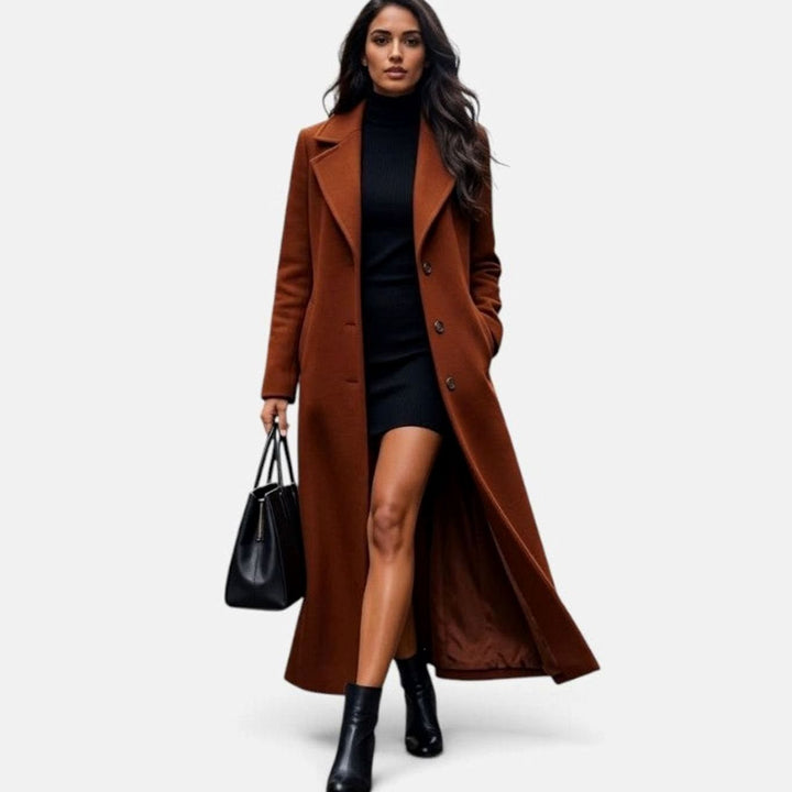 Women's Wool-Blend Lapel Collar Button-Front Long Coat - Brown