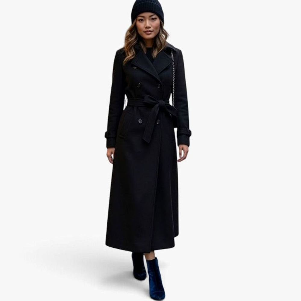 Women's Wool-Blend Lapel Collar Button-Front Long Coat - Black