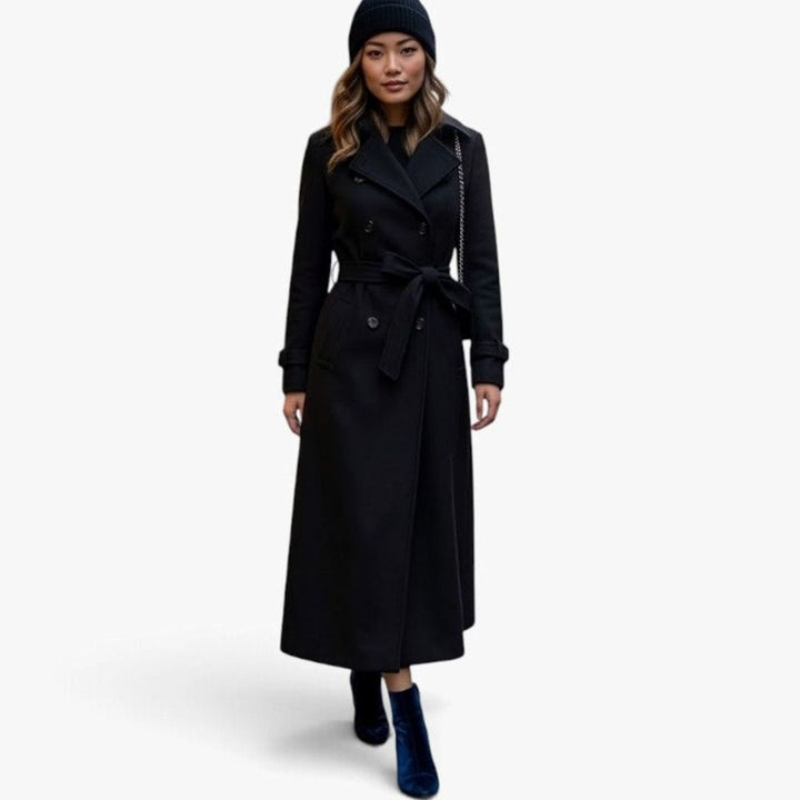 Women's Wool-Blend Lapel Collar Button-Front Long Coat - Black