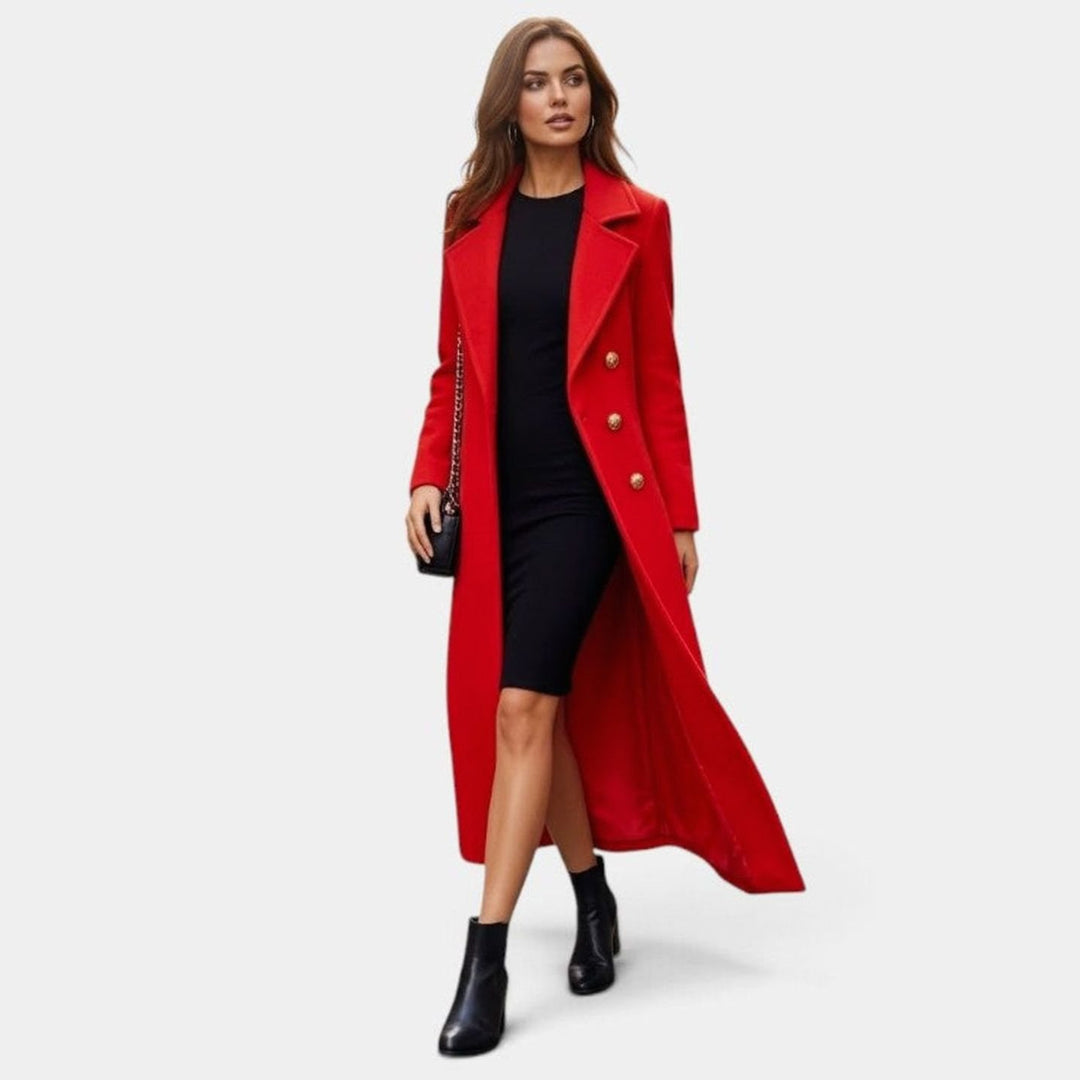 Women's Wool-Blend Lapel Collar Button-Front Long Coat - Red