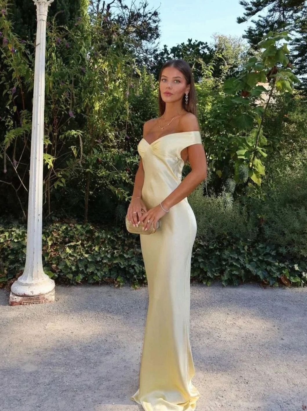 Women's Yellow Satin Off-Shoulder Maxi Evening Dress - Yellow