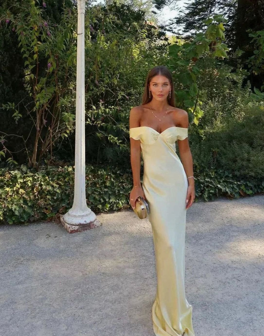 Women's Yellow Satin Off-Shoulder Maxi Evening Dress