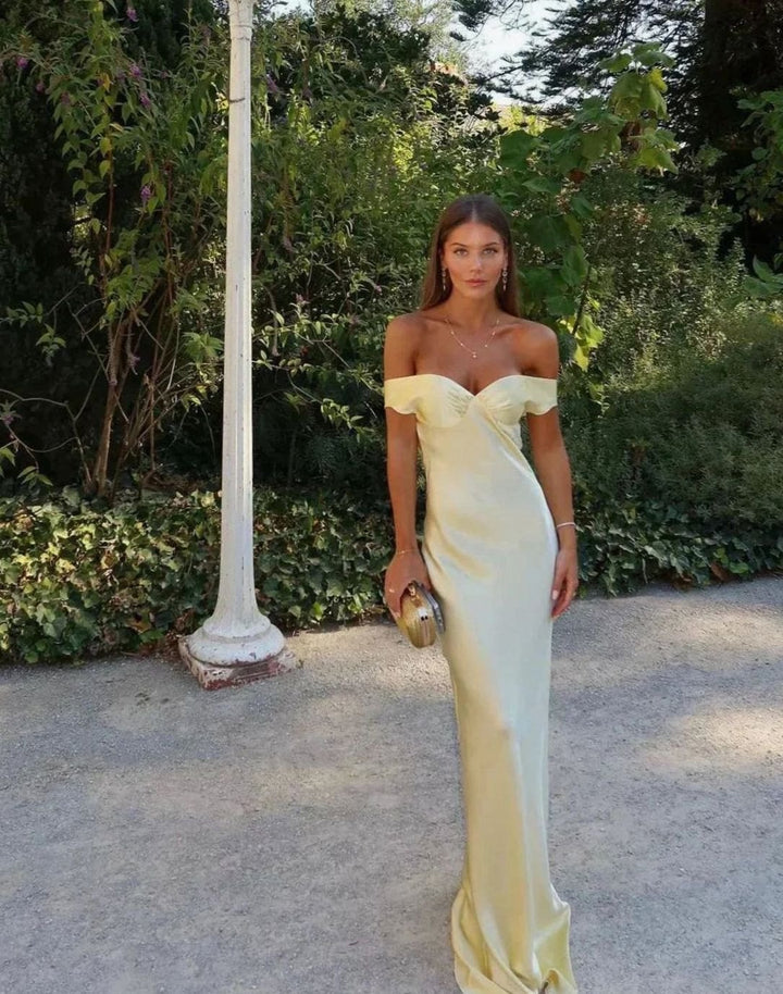Women's Yellow Satin Off-Shoulder Maxi Evening Dress