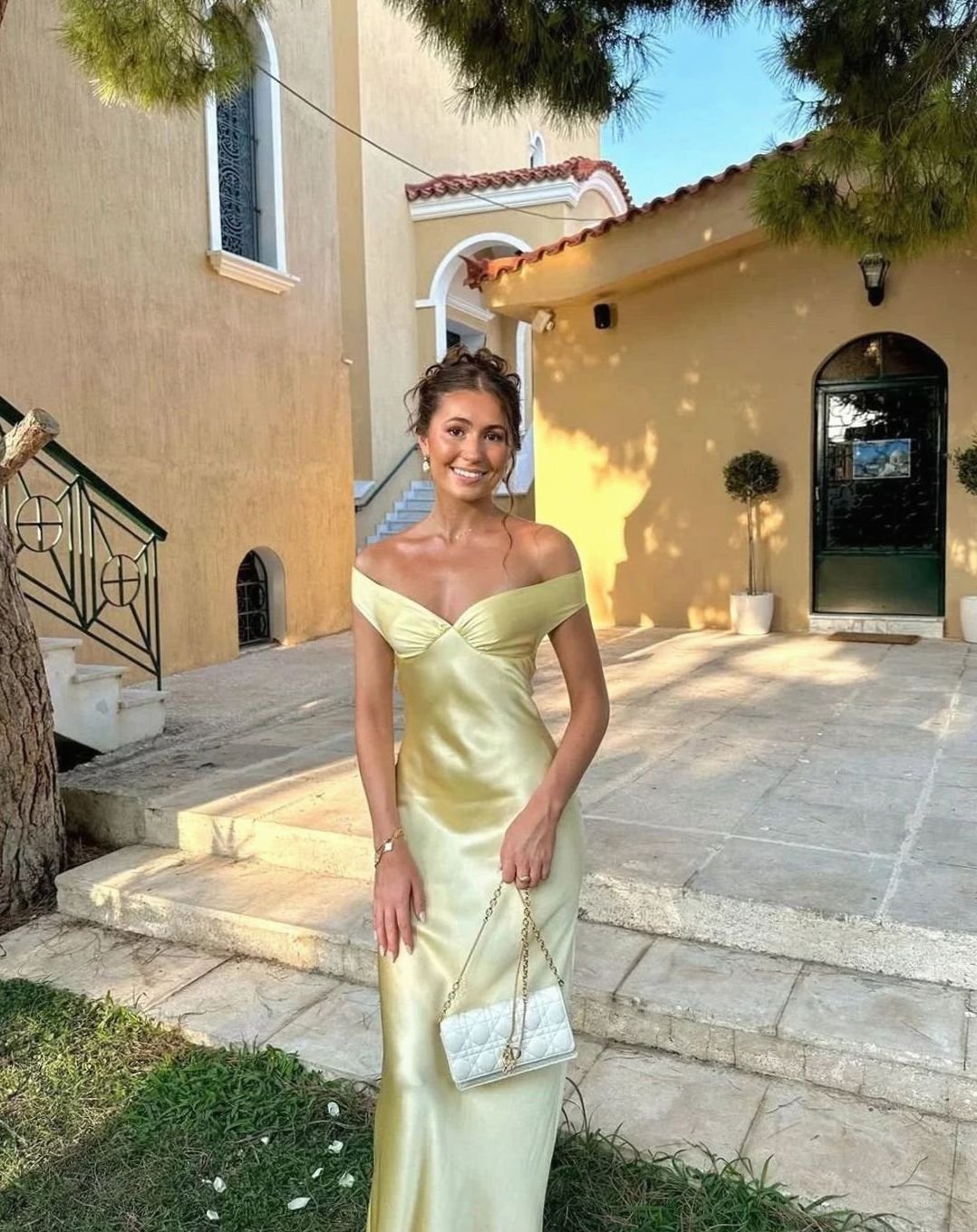 Women's Yellow Satin Off-Shoulder Maxi Evening Dress