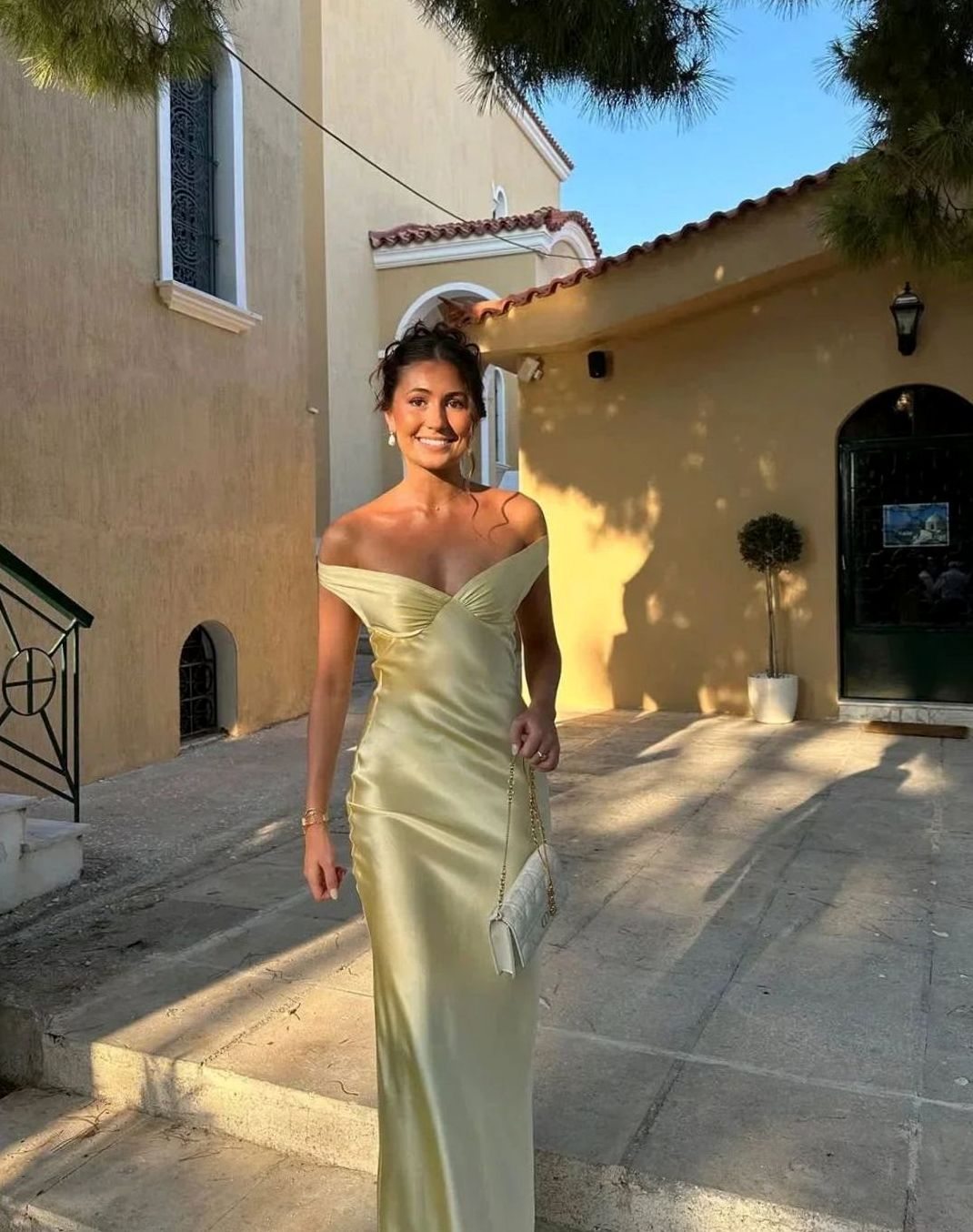 Women's Yellow Satin Off-Shoulder Maxi Evening Dress