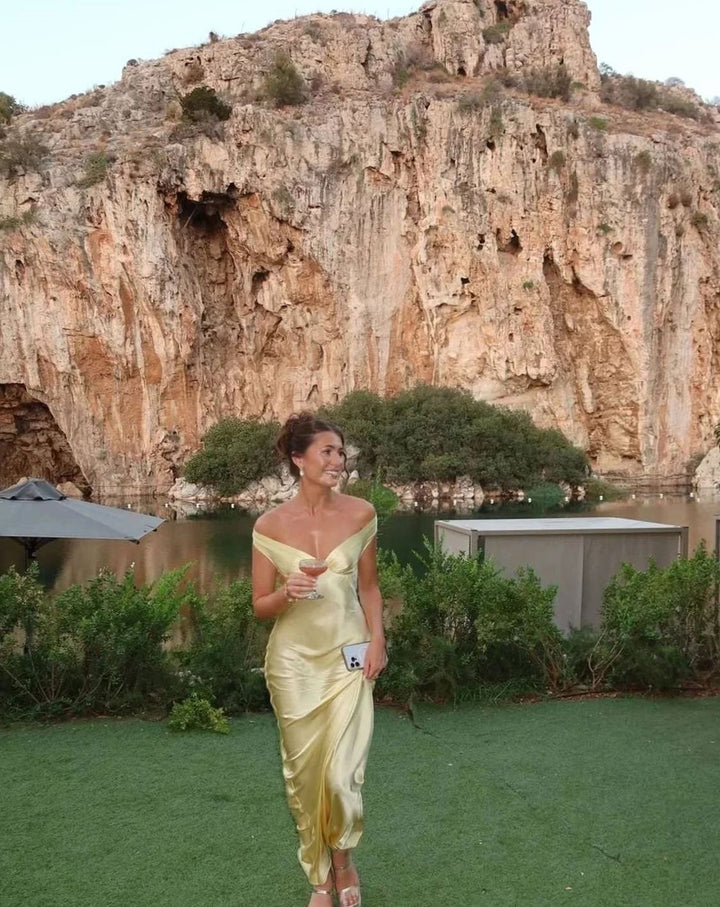 Women's Yellow Satin Off-Shoulder Maxi Evening Dress